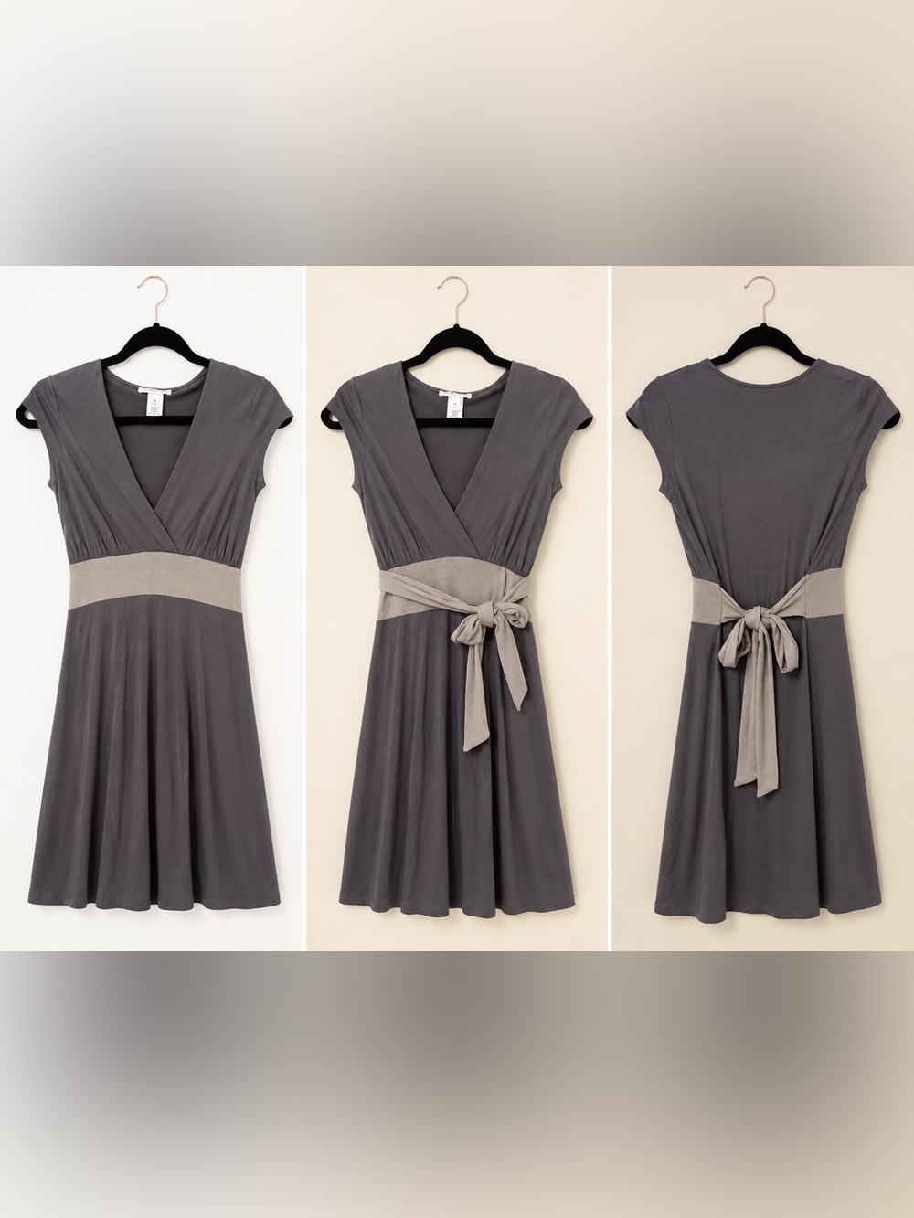 White House Black Market Gray Wrap-Front Dress with Contrast Waist Tie NWOT XS